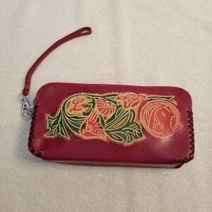Cefiro Handcrafted Leather Wristlet Hand Tooled Artisan Created Design Red